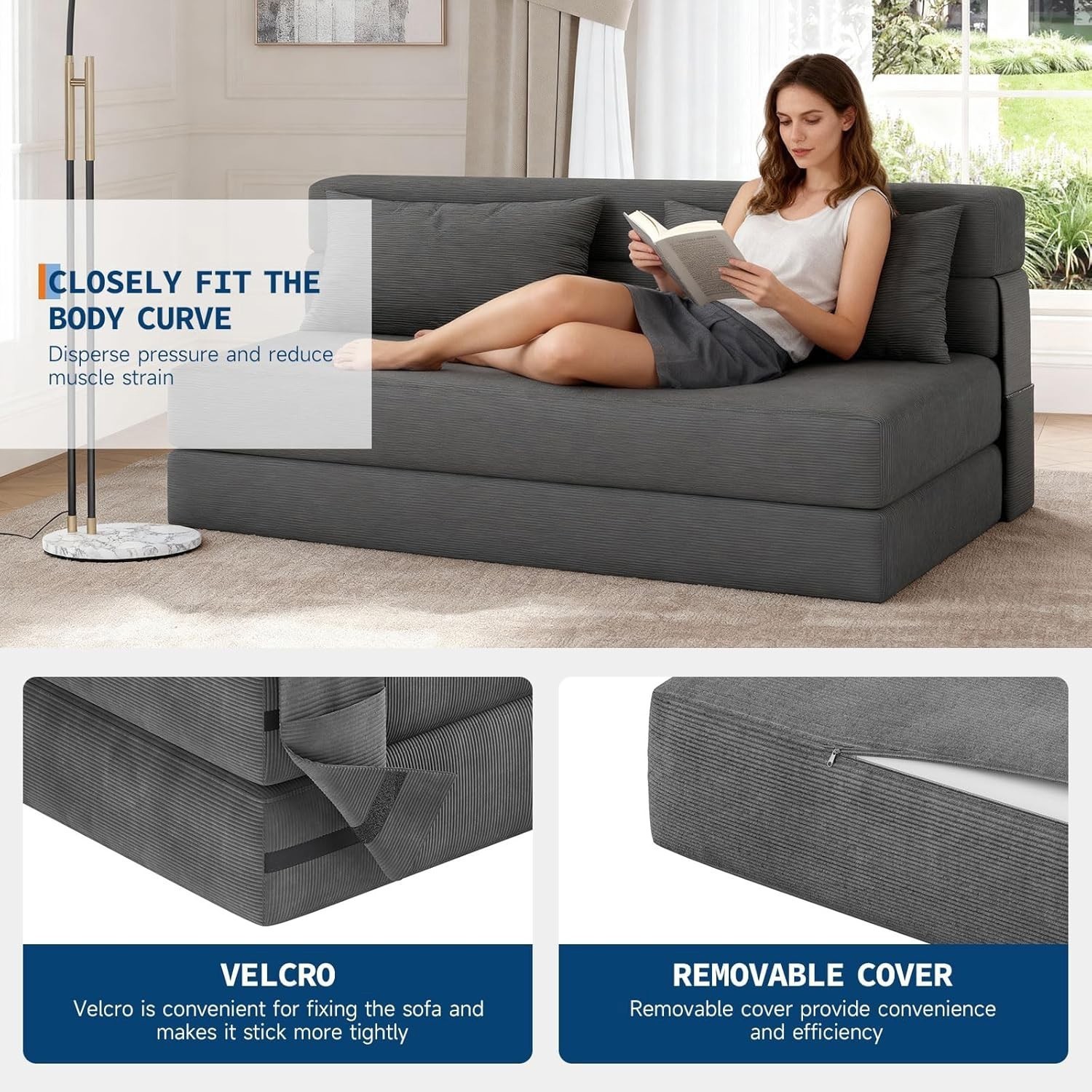 Tufted‑Floor‑Structure Composes The 4‑in‑1 Folding Sofa Bed, Dark‑Gray Convertib