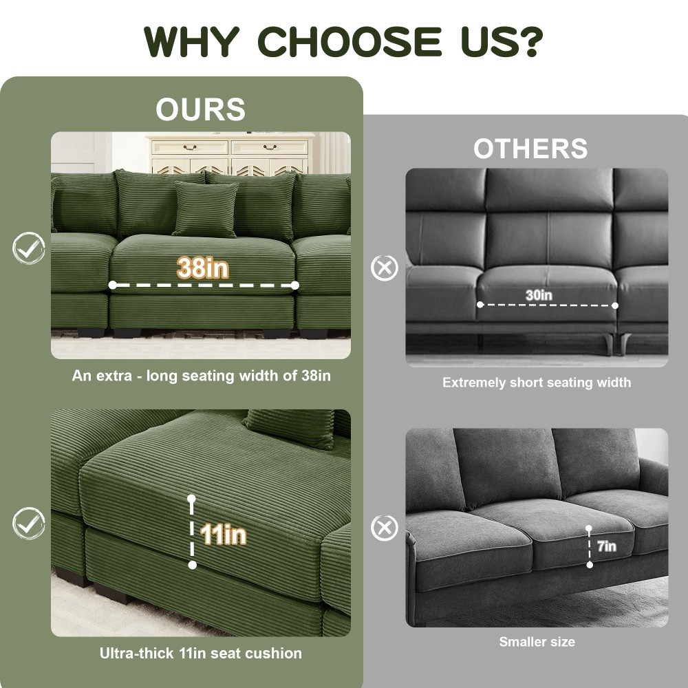 Oversized Corduroy L-Shape Sectional Sofa w/ Ottoman & Pillows, Deep Seat, Green