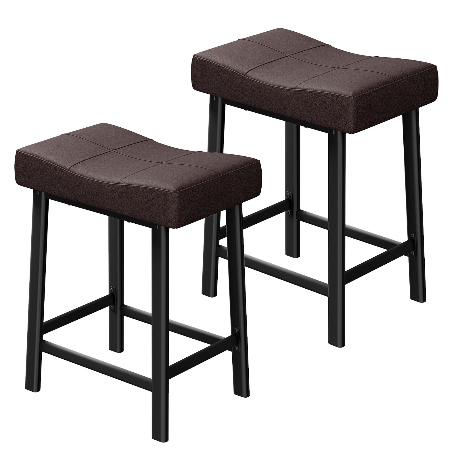 Set of 2 Saddle Bar Stools 24″ Height, Counter Height PU Leather Metal Stool