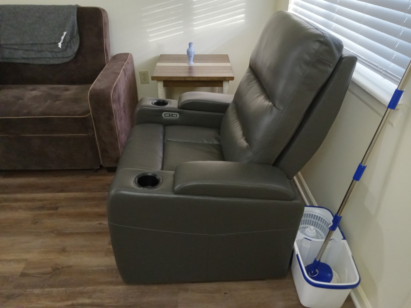 Brown Sofa Bed & Gray Recliner Armchair Set, Leather/Polyester, Wood/Metal Frame