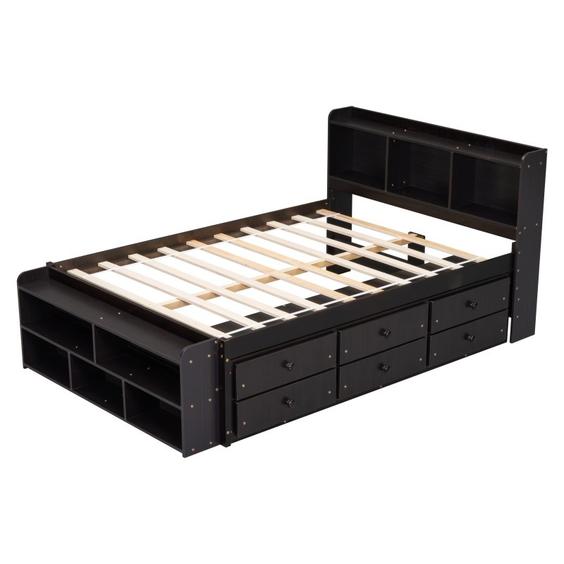 Full Size Wood Storage Bed w/Bookcase,6 Drawers & Bed End Storage Case Espresso