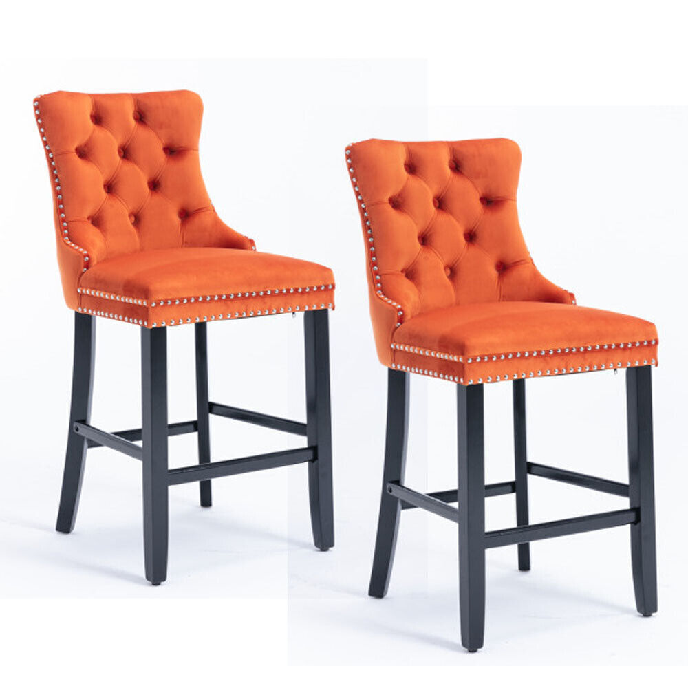 2 Set 27″ Bar Stool Velvet Pub Counter Height Dining Chairs W/Wooden Legs Orange