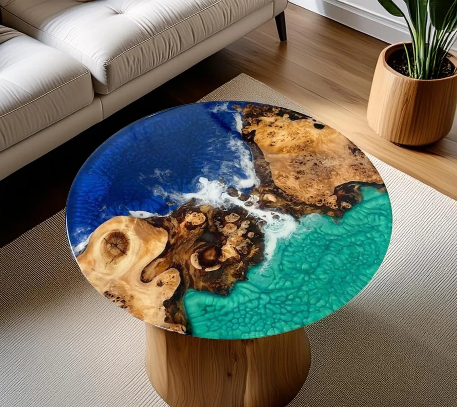 15″ Handmade Epoxy Resin Ocean Wave Table Coastal Living Room Decor