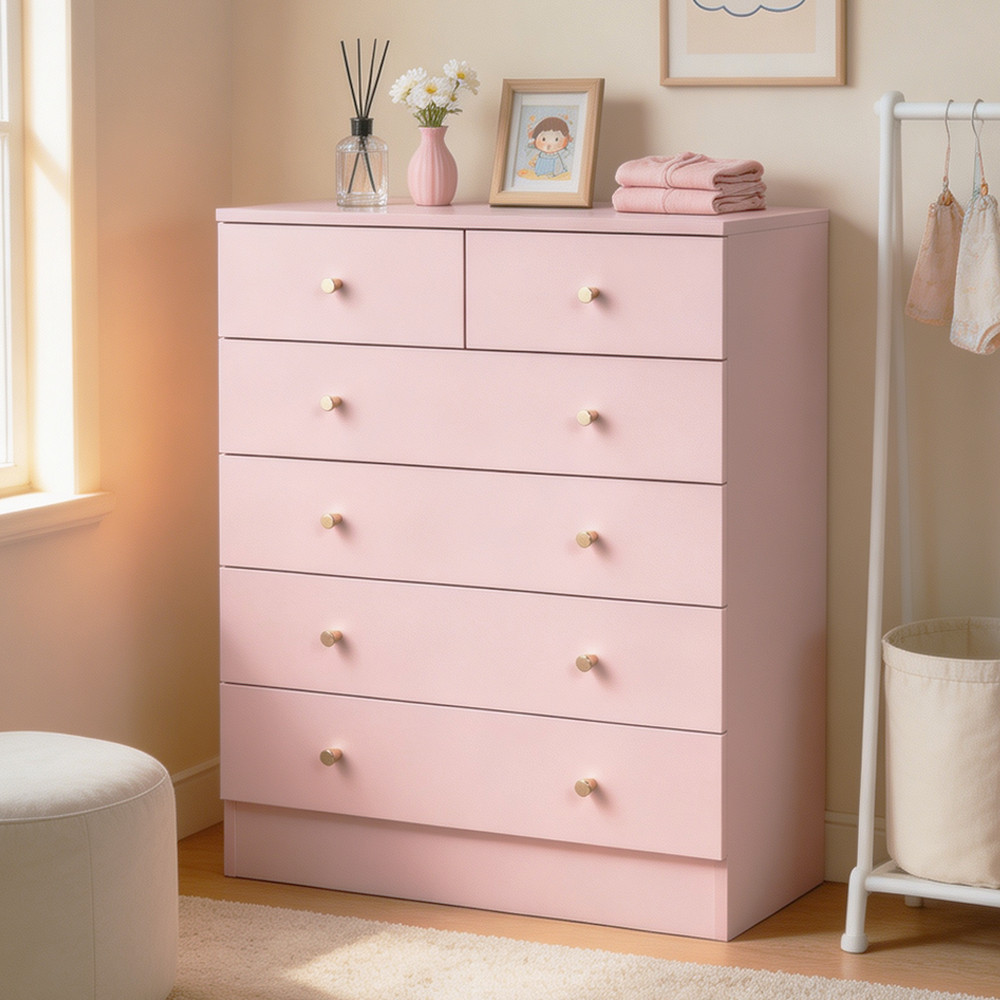 6 Drawer Dresser Pink Clothes Storage Cabinet Chest Of Drawer Kids Bedroom Stand