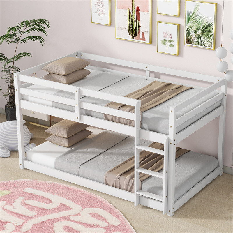 Wood Twin Over Twin Floor Bunk Bed, Low Bunk Bed with Ladder for Kids Teens