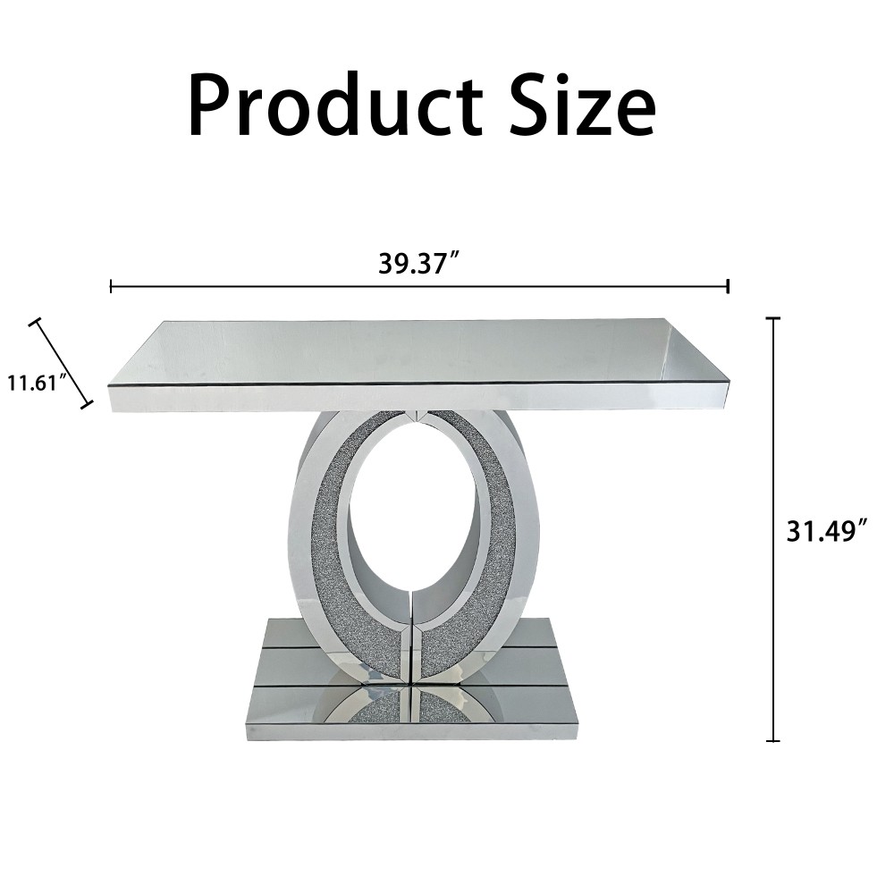 Mirrored Console Table, Crushed Diamond Design Silver for Living Room