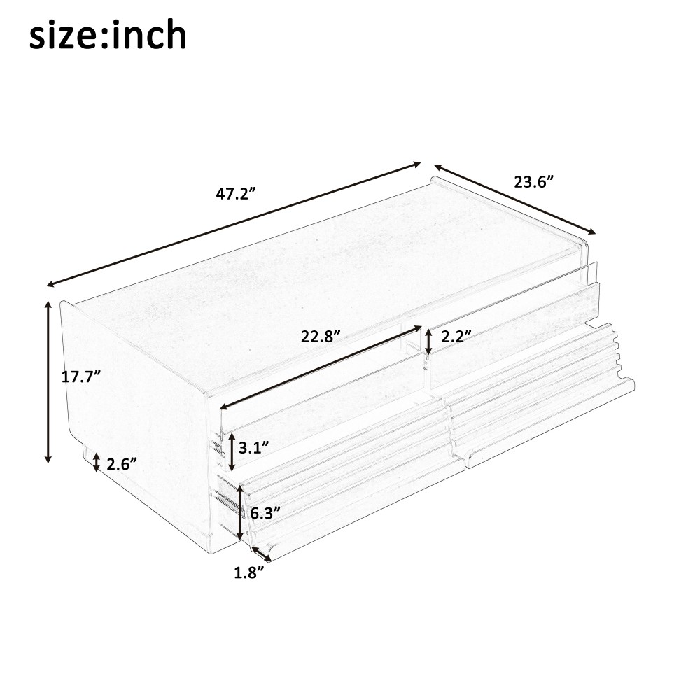 Rectangular coffee table W four drawers and handles, featuring four table legs.