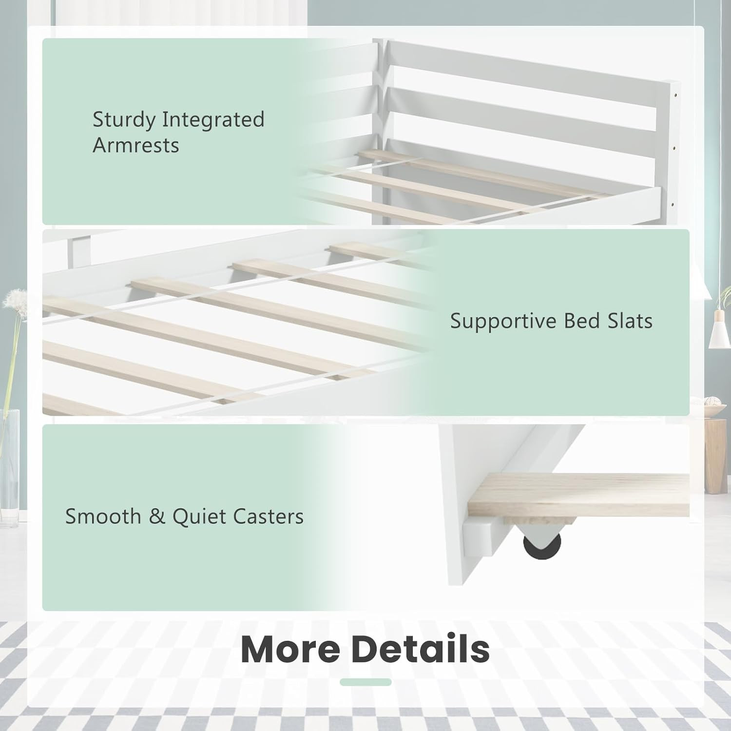 Twin Daybed with Trundle White, Wood Trundle Bed with Wood Slat Support, Mid Cen
