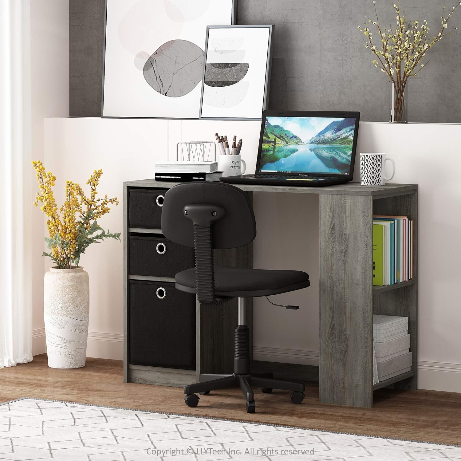 Furinno Jaya Modern Computer Study Desk w/ Small Storage French Oak Grey/Black