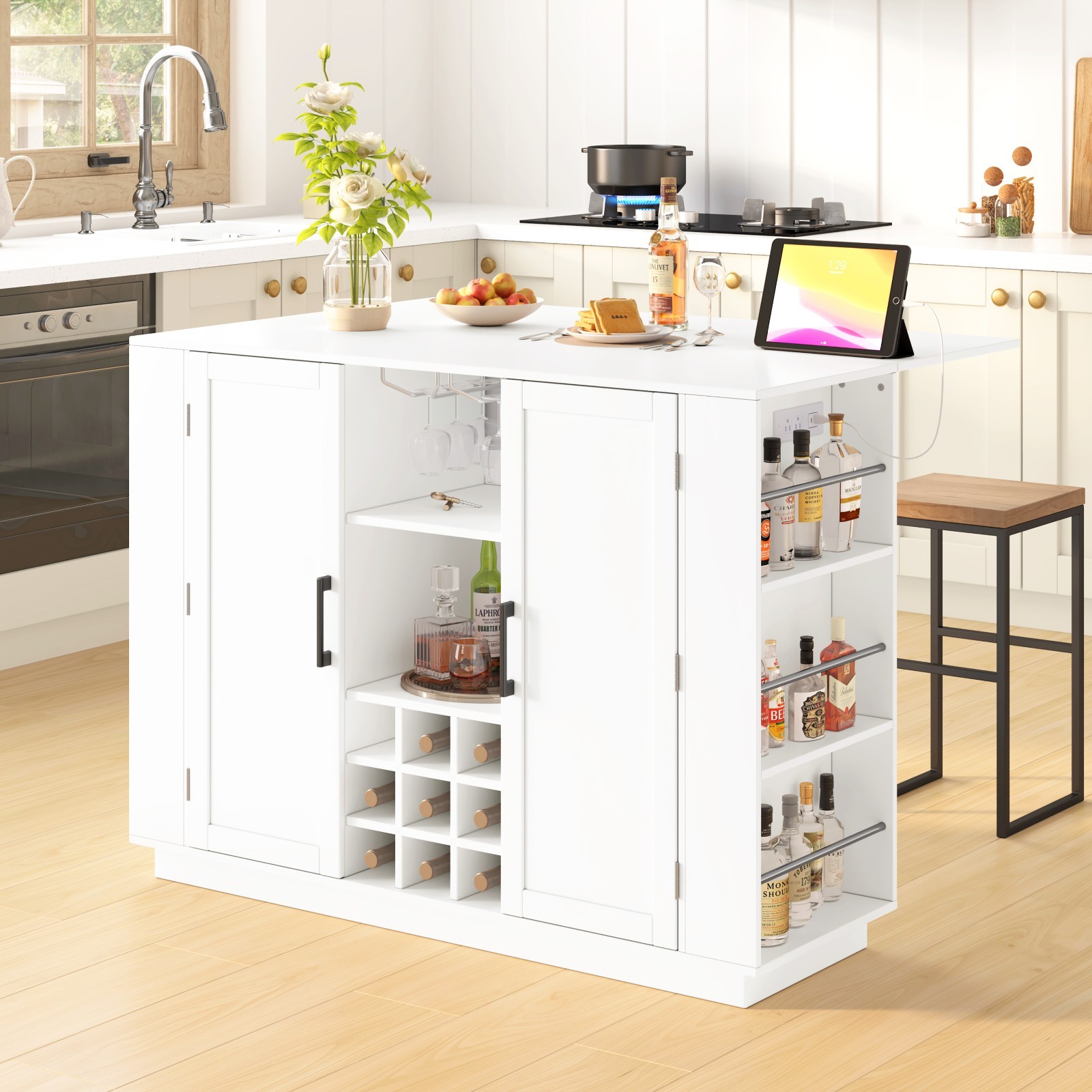 47.2″ Counter Height Table Sideboard Buffet Cabinet w/Foldable Top, Power Outlet