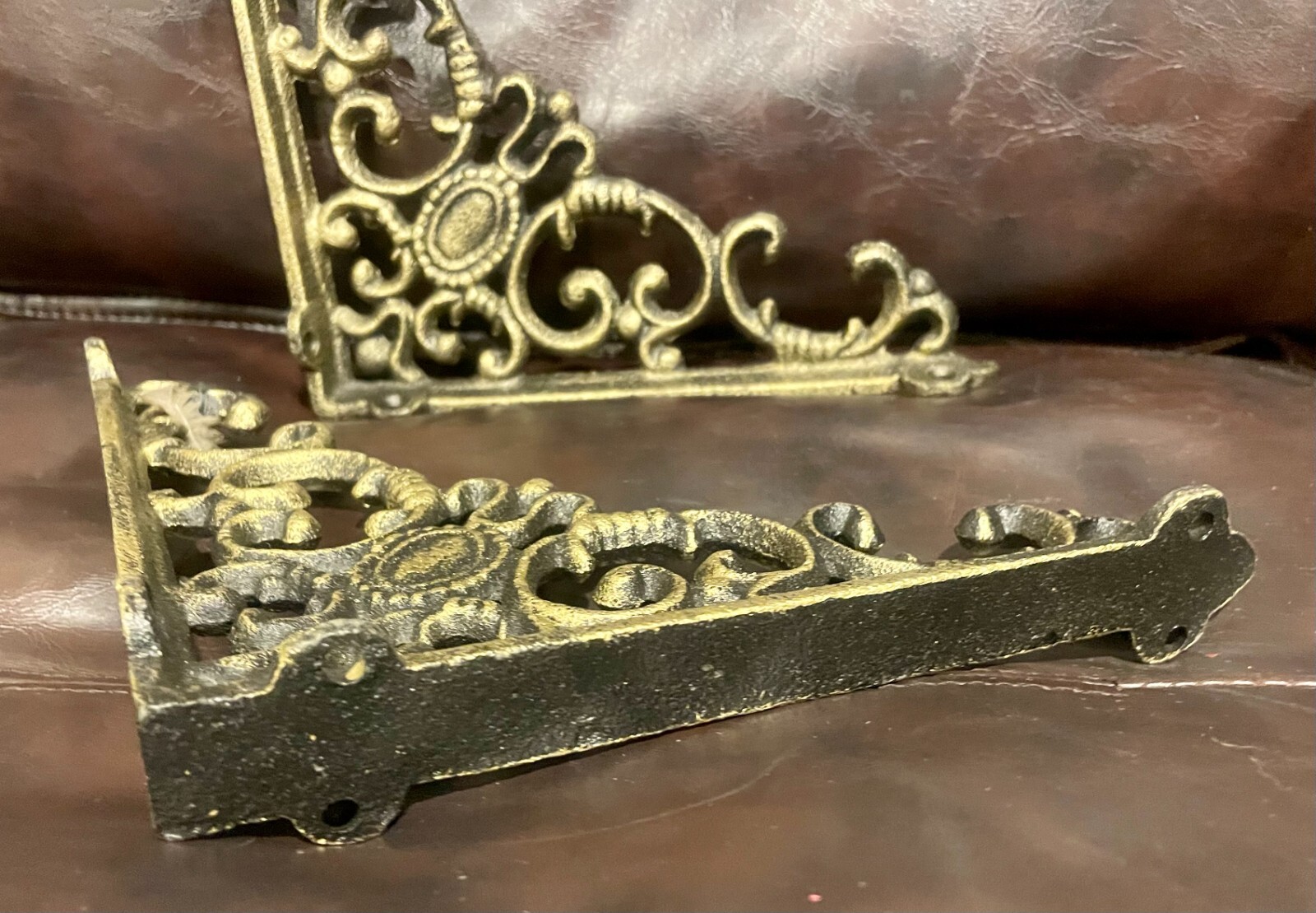 Ornate Vintage Solid Brass Shelf Brackets Antique Gold Metal Cast Iron Vintage