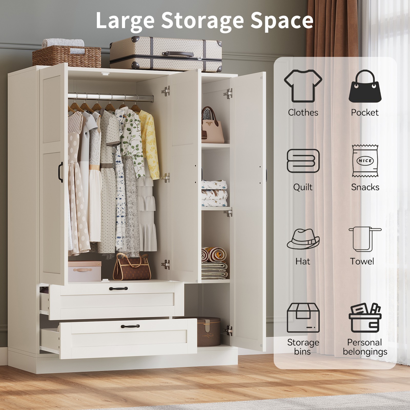 Narrow Armoire Wardrobe Closet with Mirror Hanging Rod 2 Drawers Storage