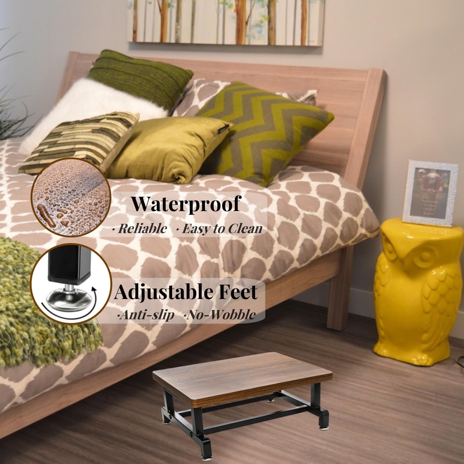 Wood One Step Stool Anti-Slip Bed Steps for High Beds Riser for Adults 500 Lbs