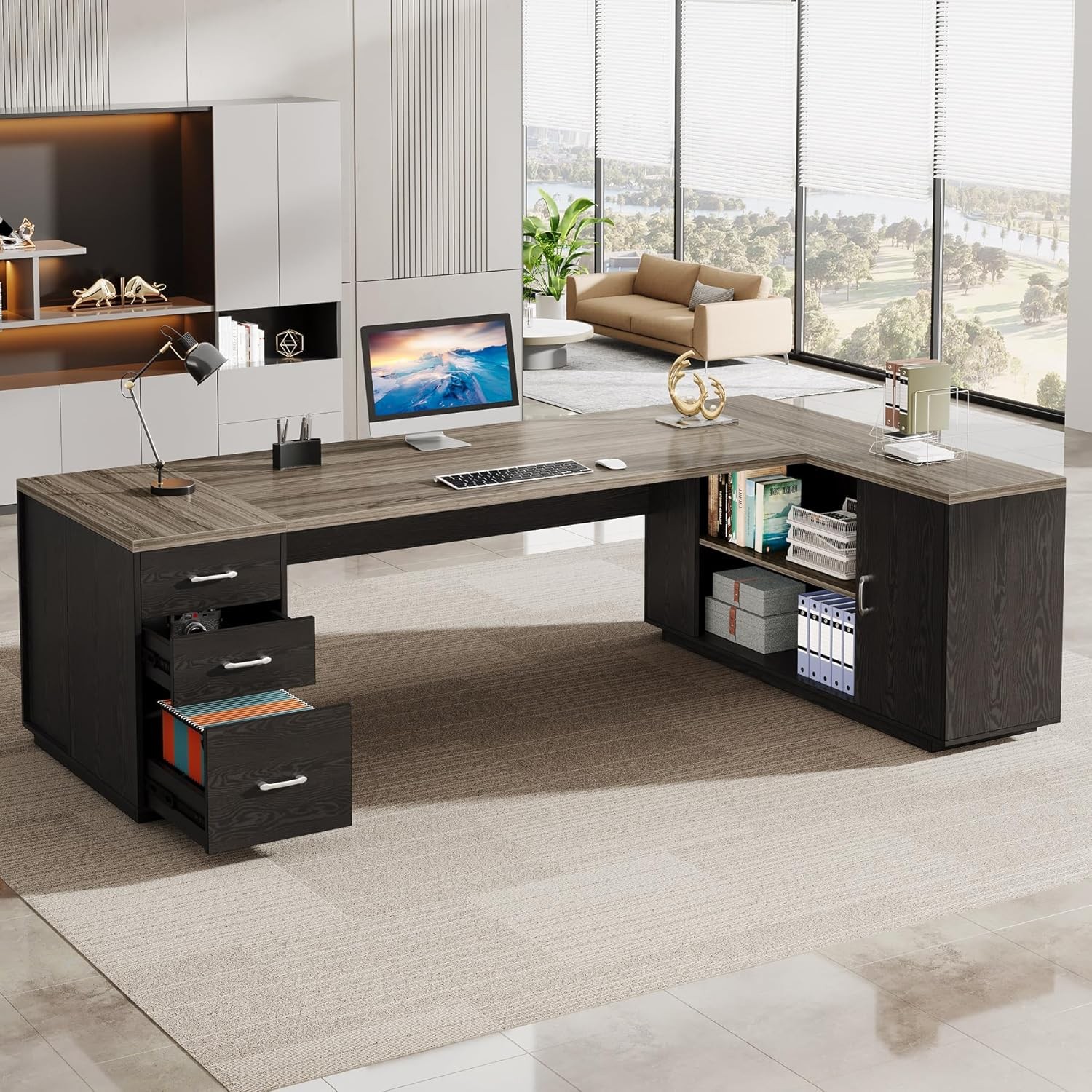85.8-Inch L-Shaped Executive Desk, Large Modern Office Desk with File Drawers
