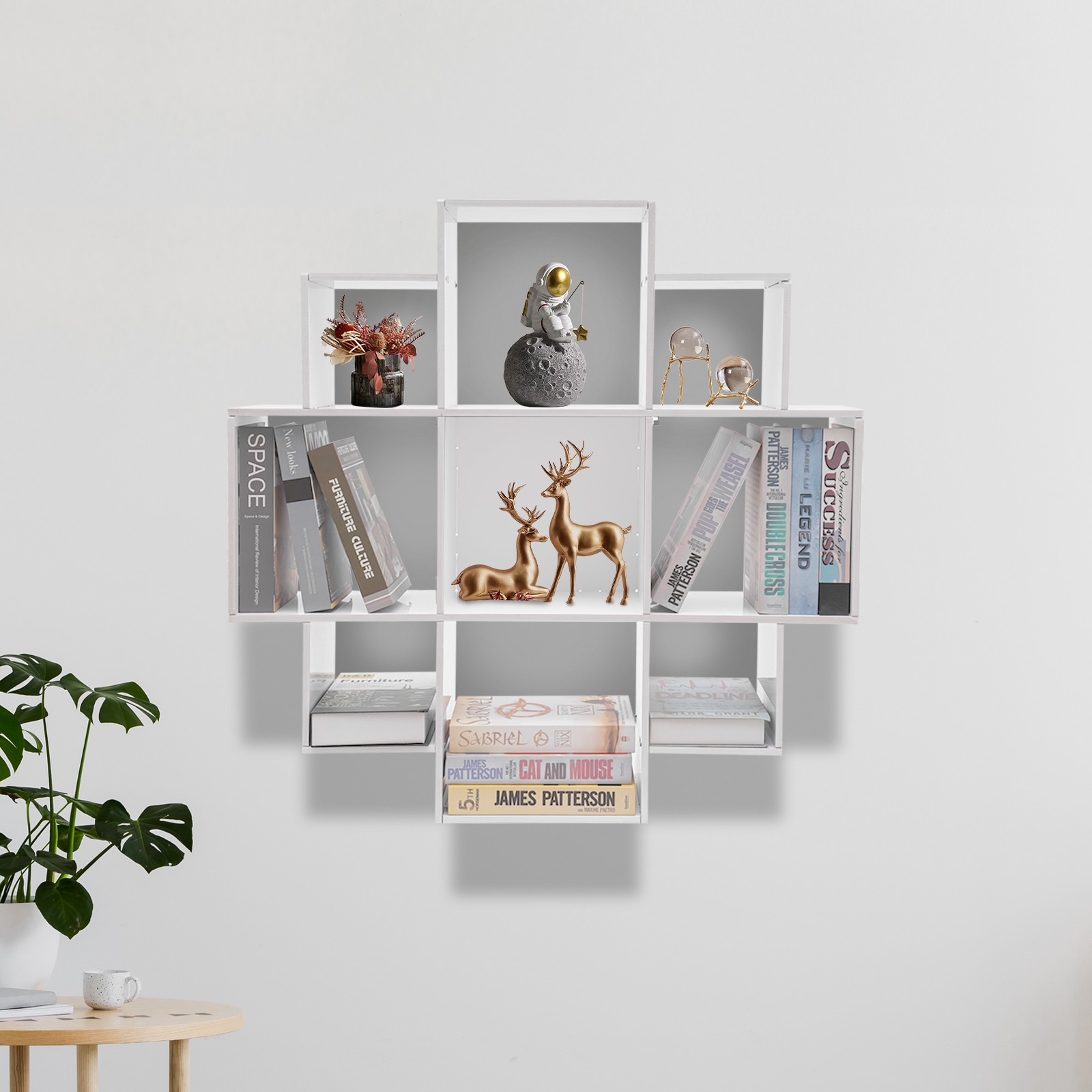 3 Tier Wall Mounted PVC Bookcase with 9 Compartments, Open Bookshelf Organizer