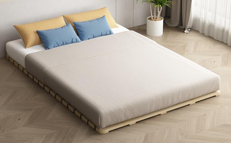 Foldable Floor Bed Frame, Breathable Wooden Roll-Up Slats Base for Japanese