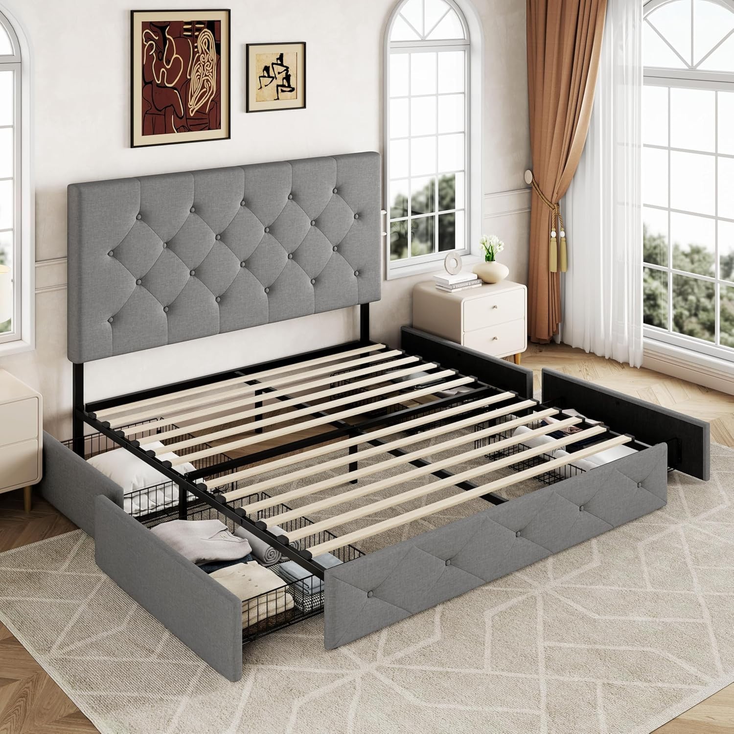 Upholstered Queen Size Platform Bed Frame with 4 Storage Drawers and Headboar…