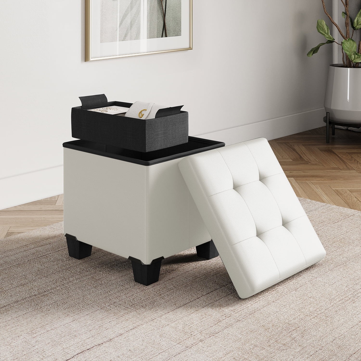 Ottoman with Storage Bench, 15-inch Foot Stool Storage Ottoman, Leather, White