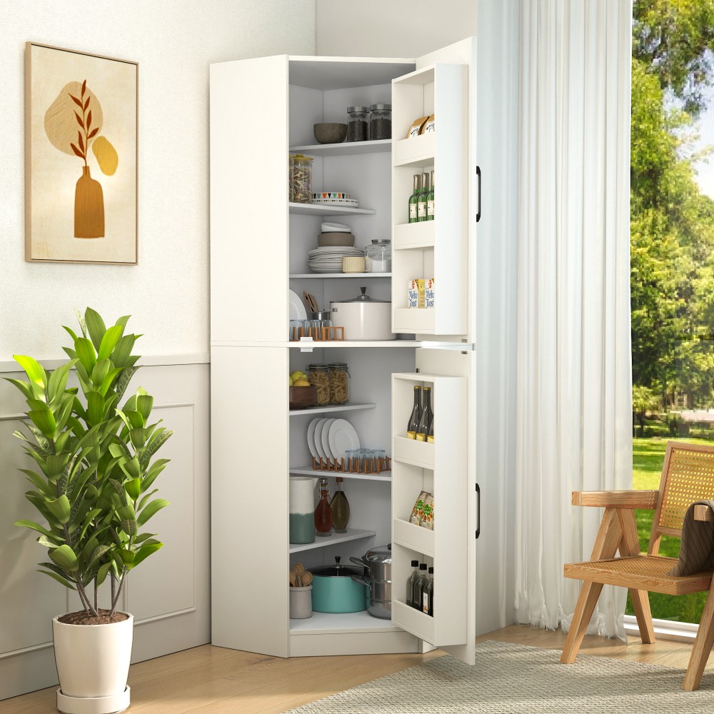 White Corner Pantry Cabinet, 70.87″ L-Shaped Storage with Shelves