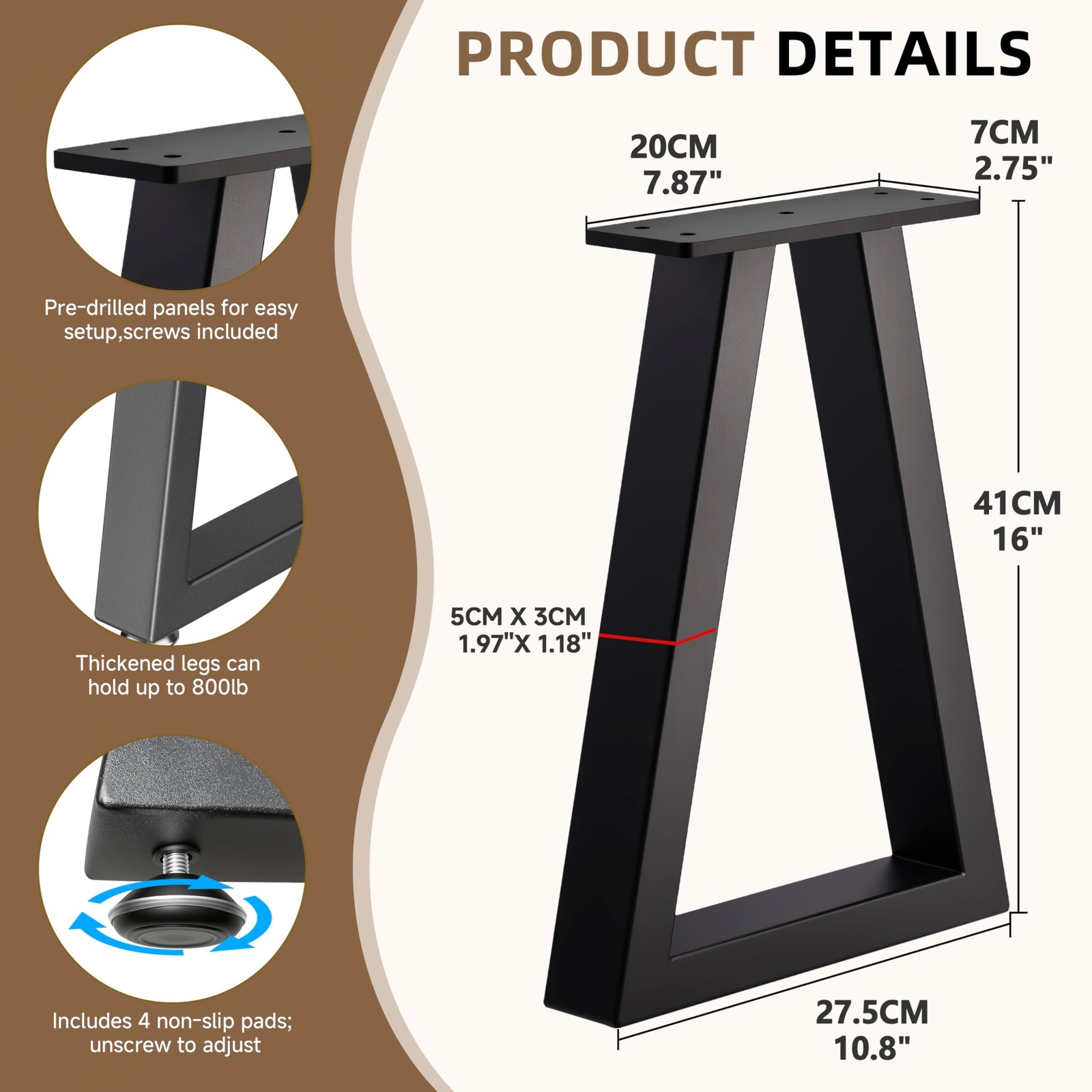 CFWLQD 16 Inch Trapezoid Metal Table Legs for Bench, Coffee 16 IN,