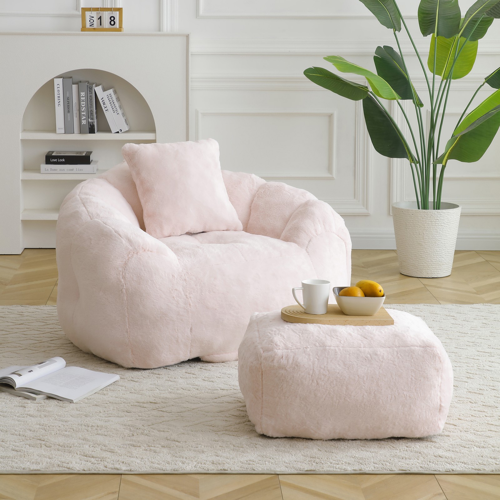 Shell-Shaped Faux Fur Bean Bag Chair with Footstool, 45.4″ x 36″ x 25.6″