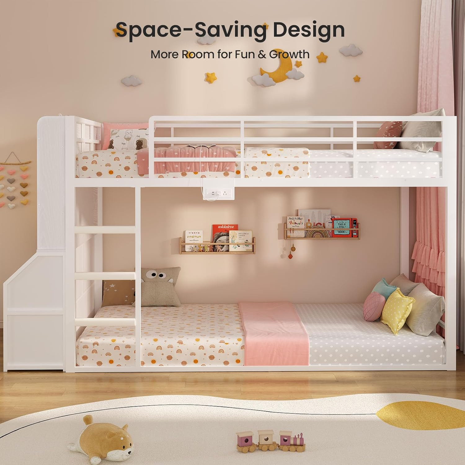 ADORNEVE Low Bunk Bed Twin Size with Bookshelf, Toy Organizer & Storage Drawers,