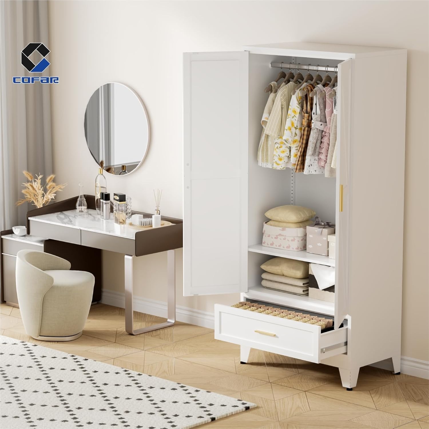 Metal Armoire Wardrobe Closet with Drawer, 71 in Tall Clothing Storage Cabinet
