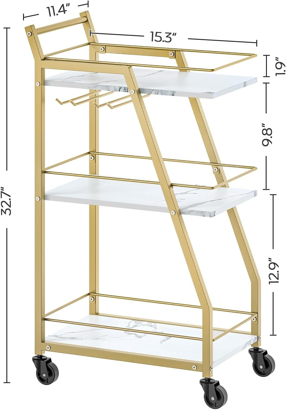 Bar Cart, 3-Tier Home Bar Serving Cart with Wheels, Drink Cart with Glass Holder