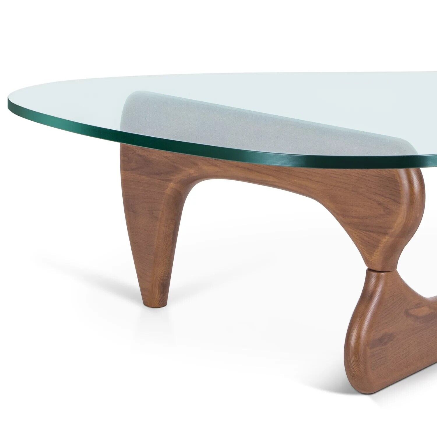 Open Box Noguchi Style Coffee Table in Walnut 8mm Triangle Glass Solid Wood Base