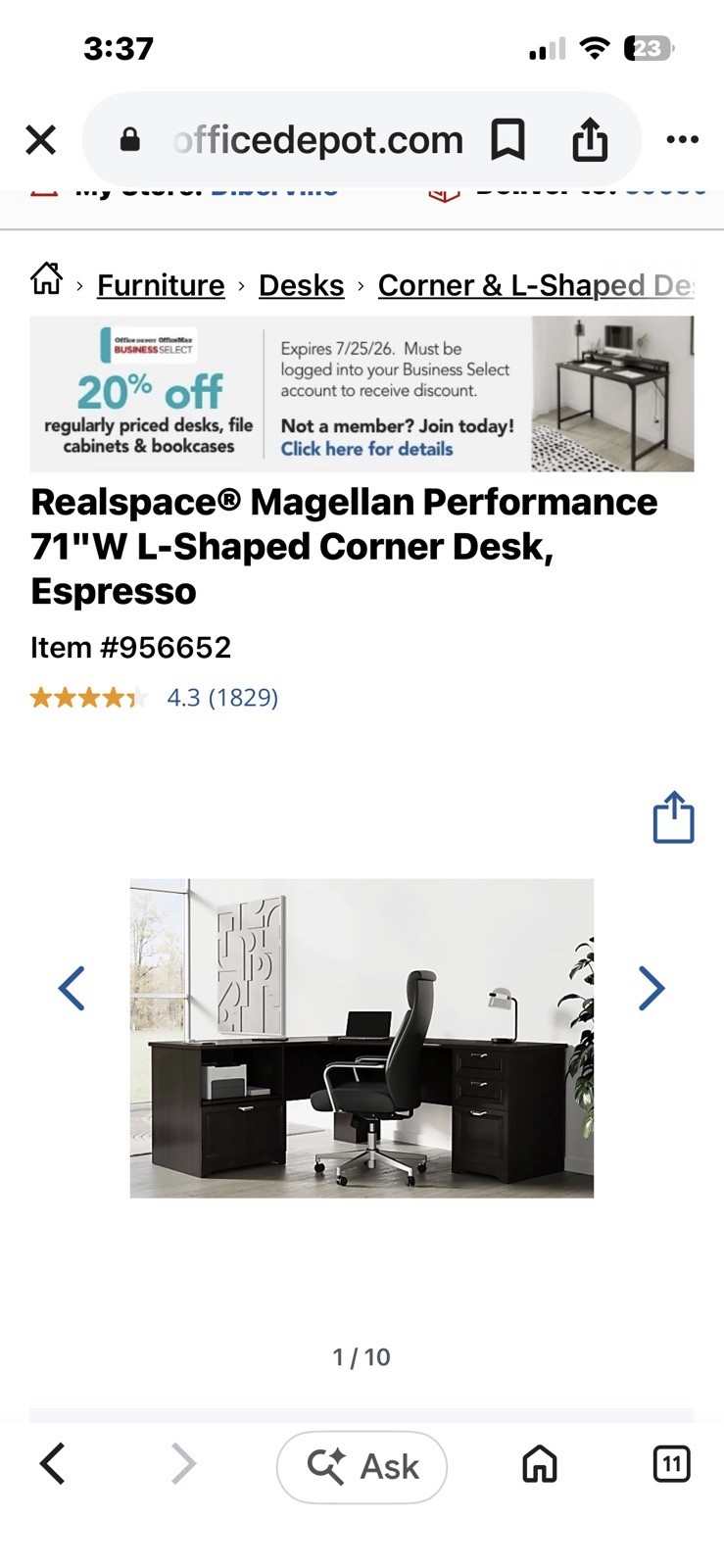 Realspace Magellan Performance 71in L-Shaped Corner Desk. reg $499 for $250.