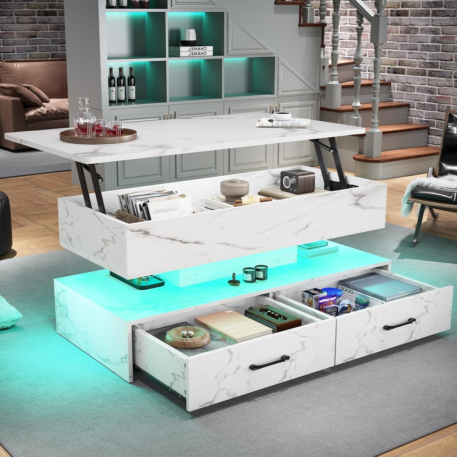 40″ Lift Top Coffee Table with Storage, 2 Fabric Drawers and LED Light