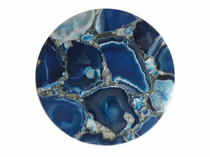 Round Blue Agate Stone Round Nesting Coffee Table Top for Home Restaurant Décors