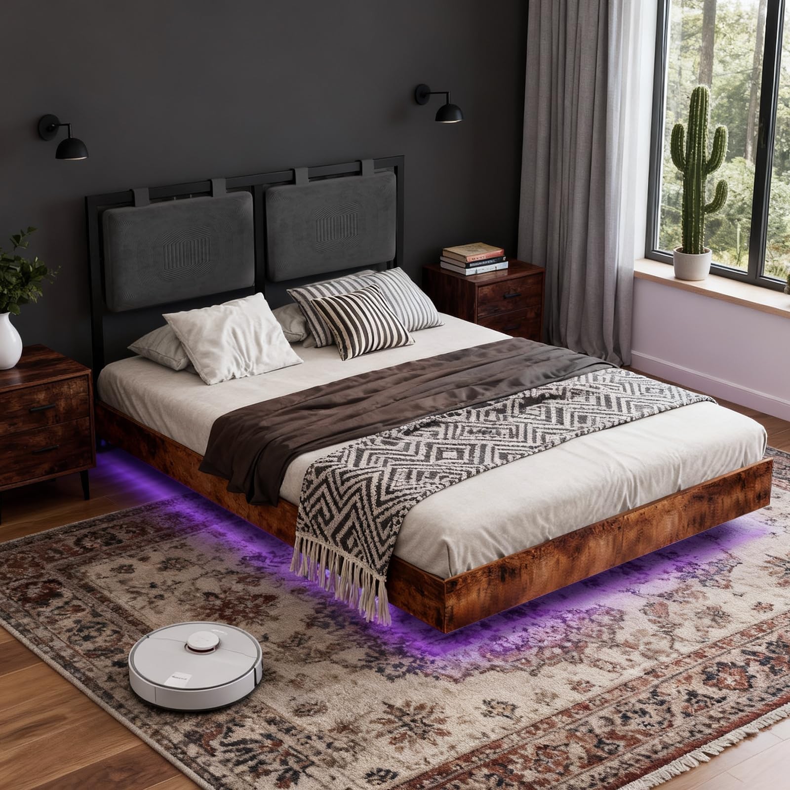 Floating Bed Frame Full Size, with Adjustable Headboard and Smart LED Lights,…