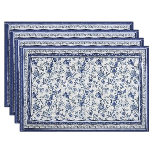 Floral Branches Blue Placemats Set of 4, 12x18Inch Non Blue Floral Branches