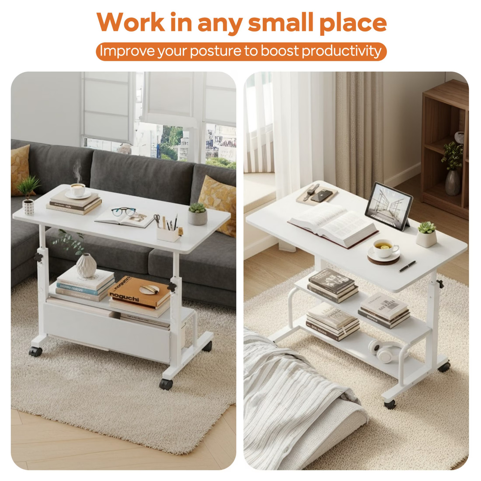 31.5” Adjustable Height Rolling Computer Desk with Storage Shelves, Portable