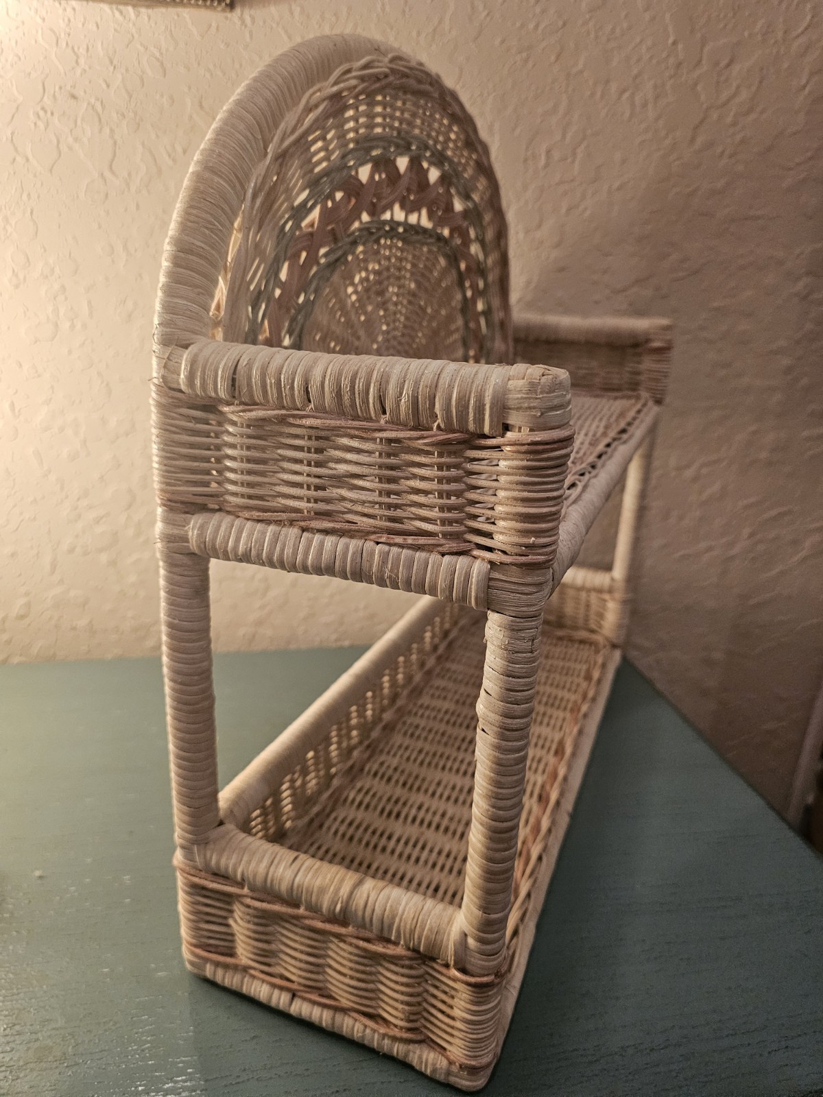 Vintage MidCentury Wicker & Rattan WallShelf, 2 Tier W/Pink & Blue Accents-Very