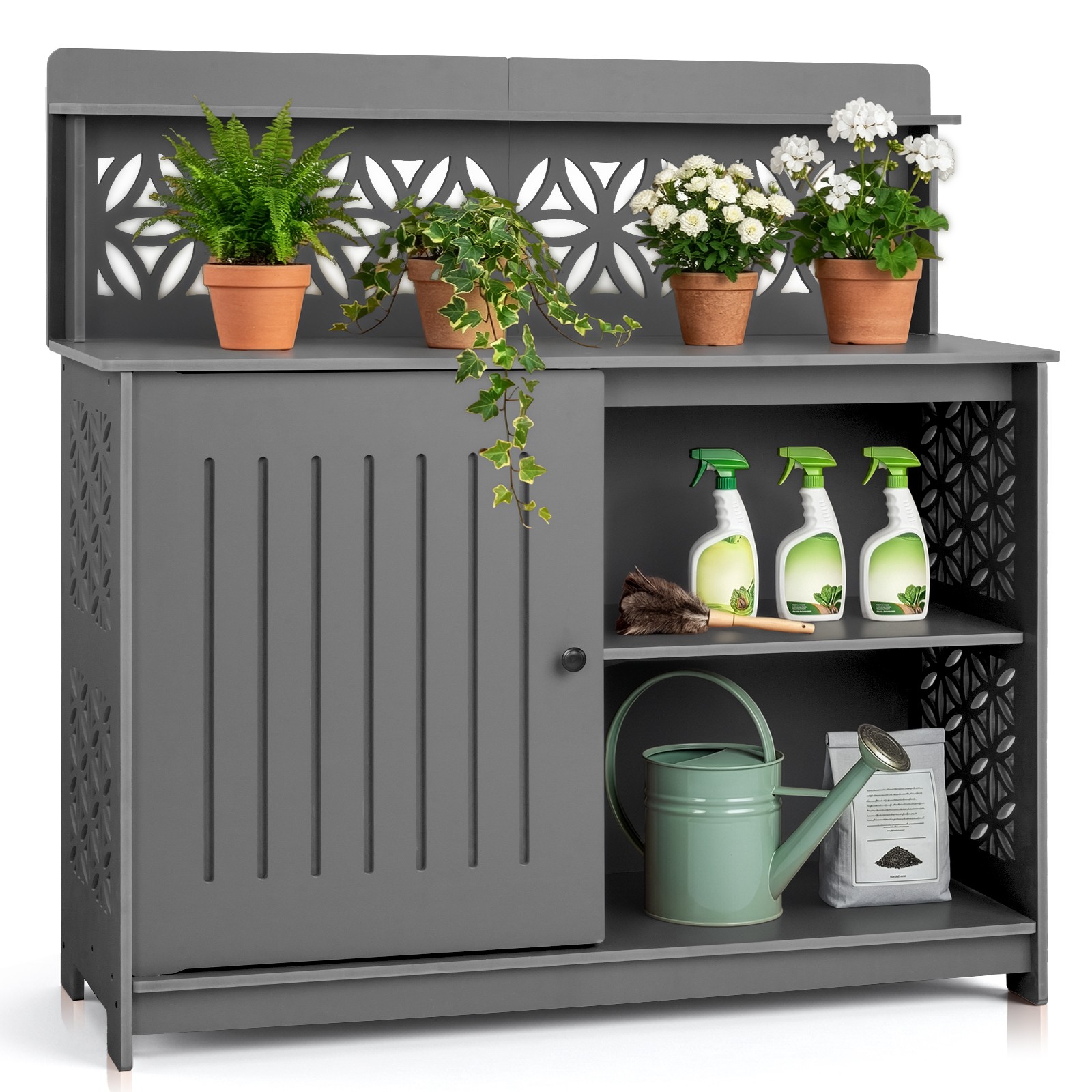 Plastic Storage Cabinet, 44in Workbench with Shelf, Door for Indoor Outdoor
