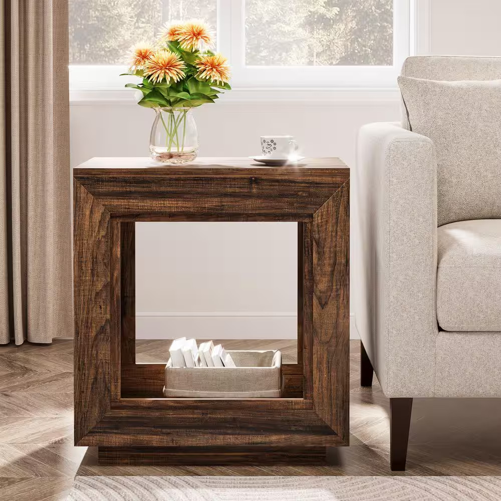 Kerlin 23.62 In. Walnut Rectangle MDF Side Table 2-Tier End Table with Metal Fra