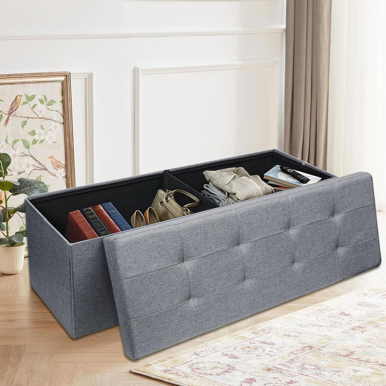 Storage Ottoman Bench Folding Chest Footrest Stool MDF Frame Lid Light Grey 43″