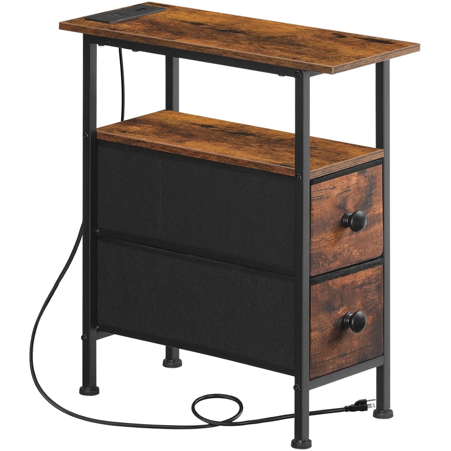 Slim Bedside Table with Charging Solution and Fabric Drawers – Rustic Elegance