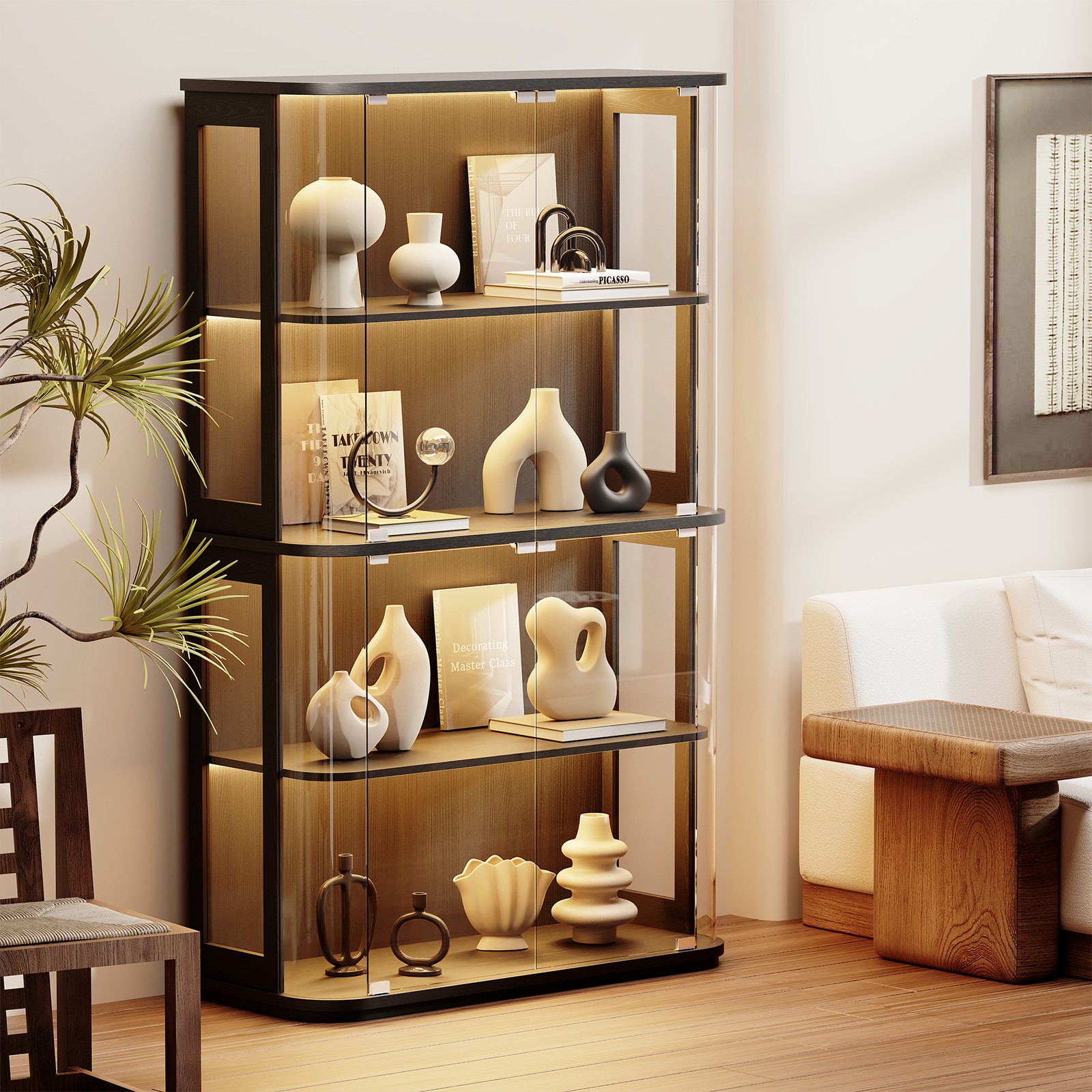 BROTTAR 4-Tier Curio Cabinet Large Rounded Display Cabinet with 3 Color Lights