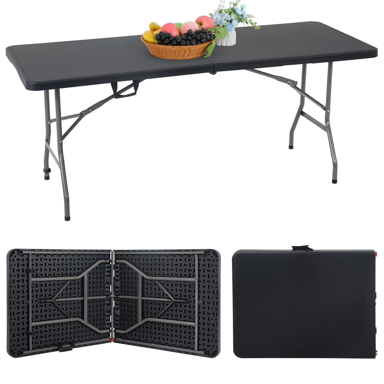 Folding Tables, Half Portable Table for Parties Wedding BBQ Camping, Black 6FT
