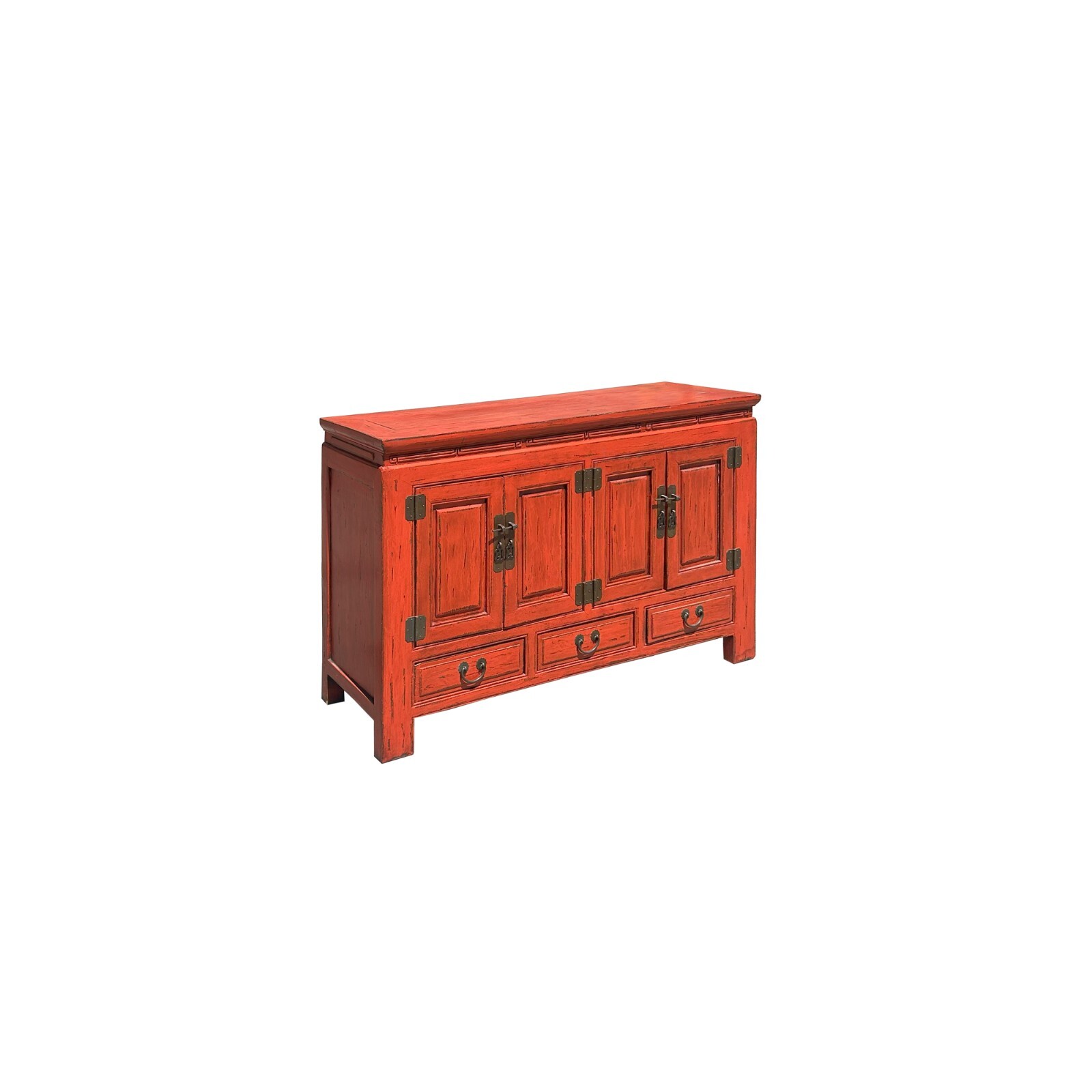 Oriental Distressed Brick Orange Red Lacquer Low Table TV Console Cabinet ws4050