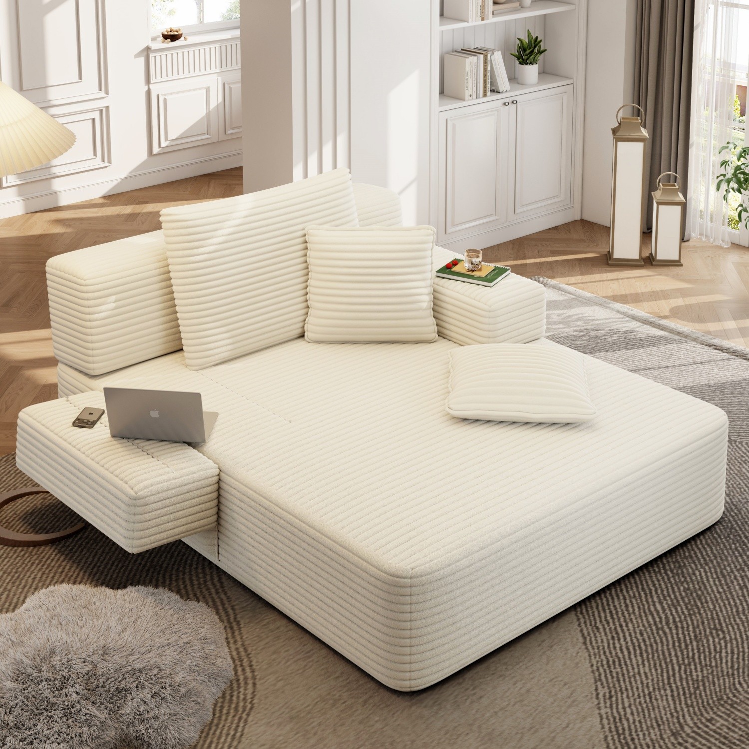 Modern Plush Corduroy Sofa Bed Chaise Lounge No Assembly Required with 3 Pillows