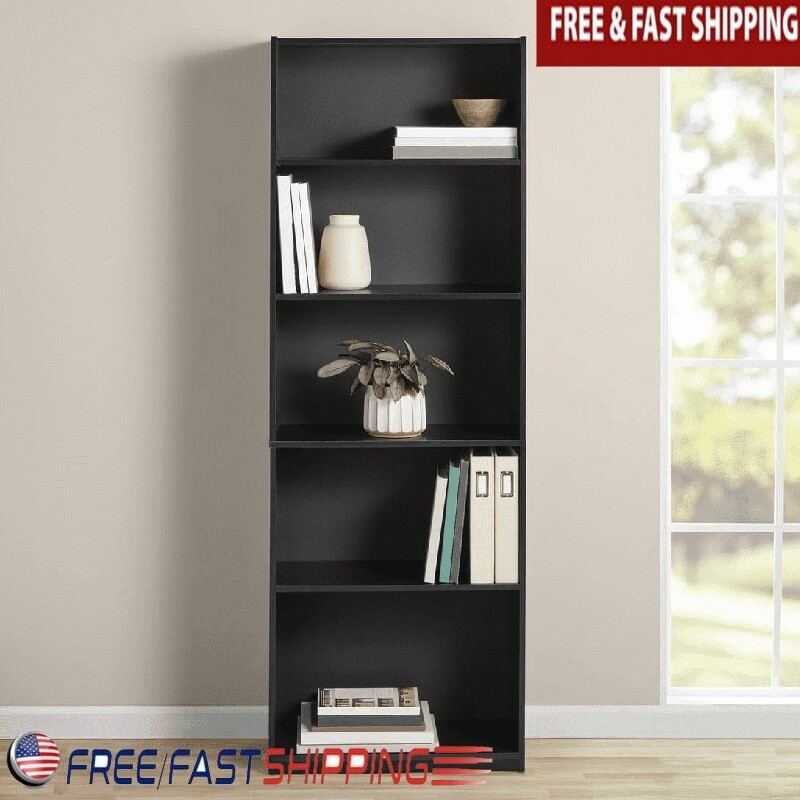 5-Shelf Bookcase Adjustable Shelves Closed Back Storage Unit Office Living Room
