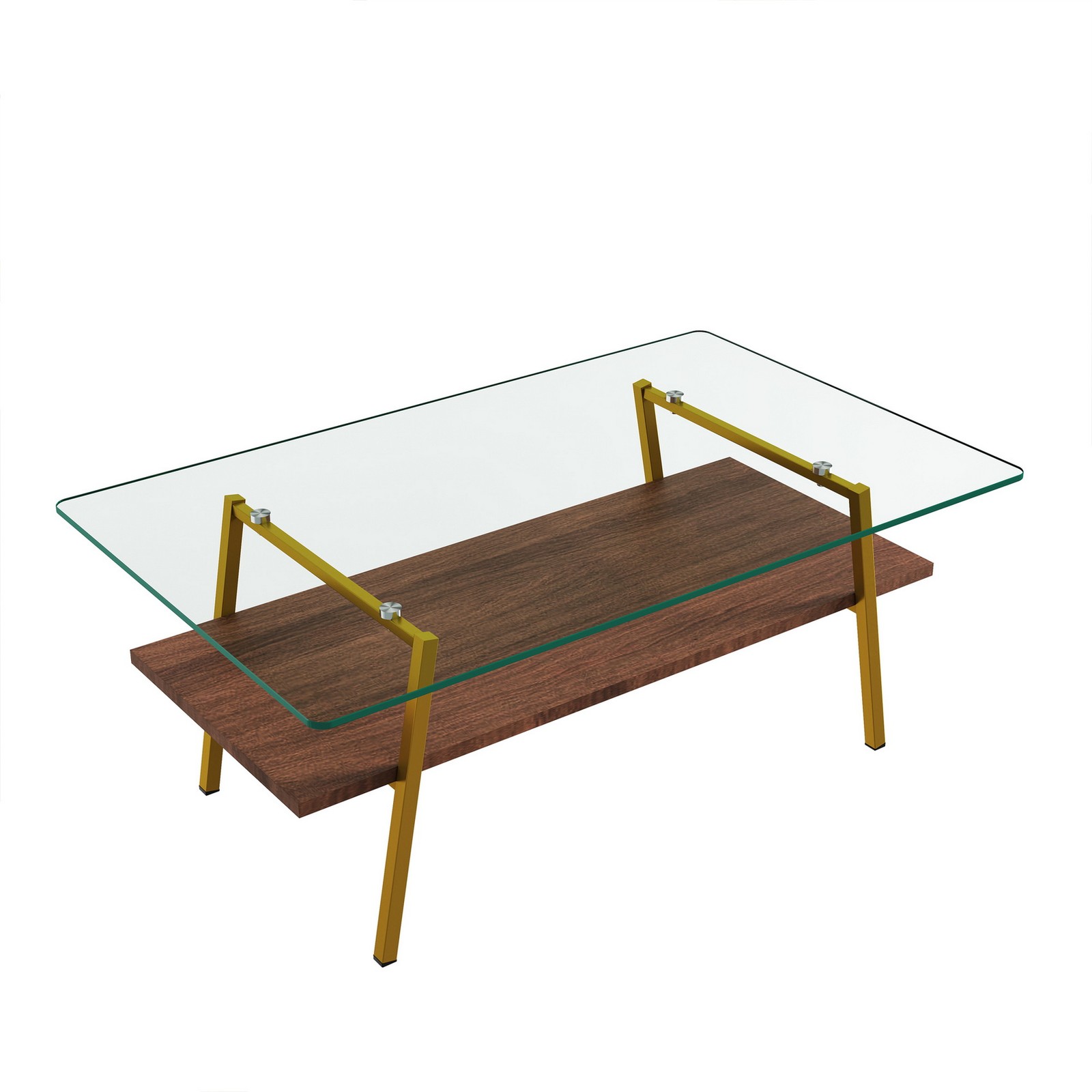 W38.5″ Tempered Glass Coffee Table Middle Wooden Shelf Cocktail Centre Table