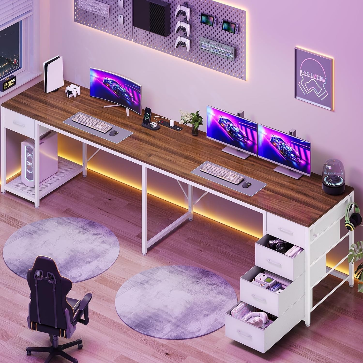 L Shaped Computer Desk with 5 Drawers Modern Reversible 78.7″ Long 2 Person Desk