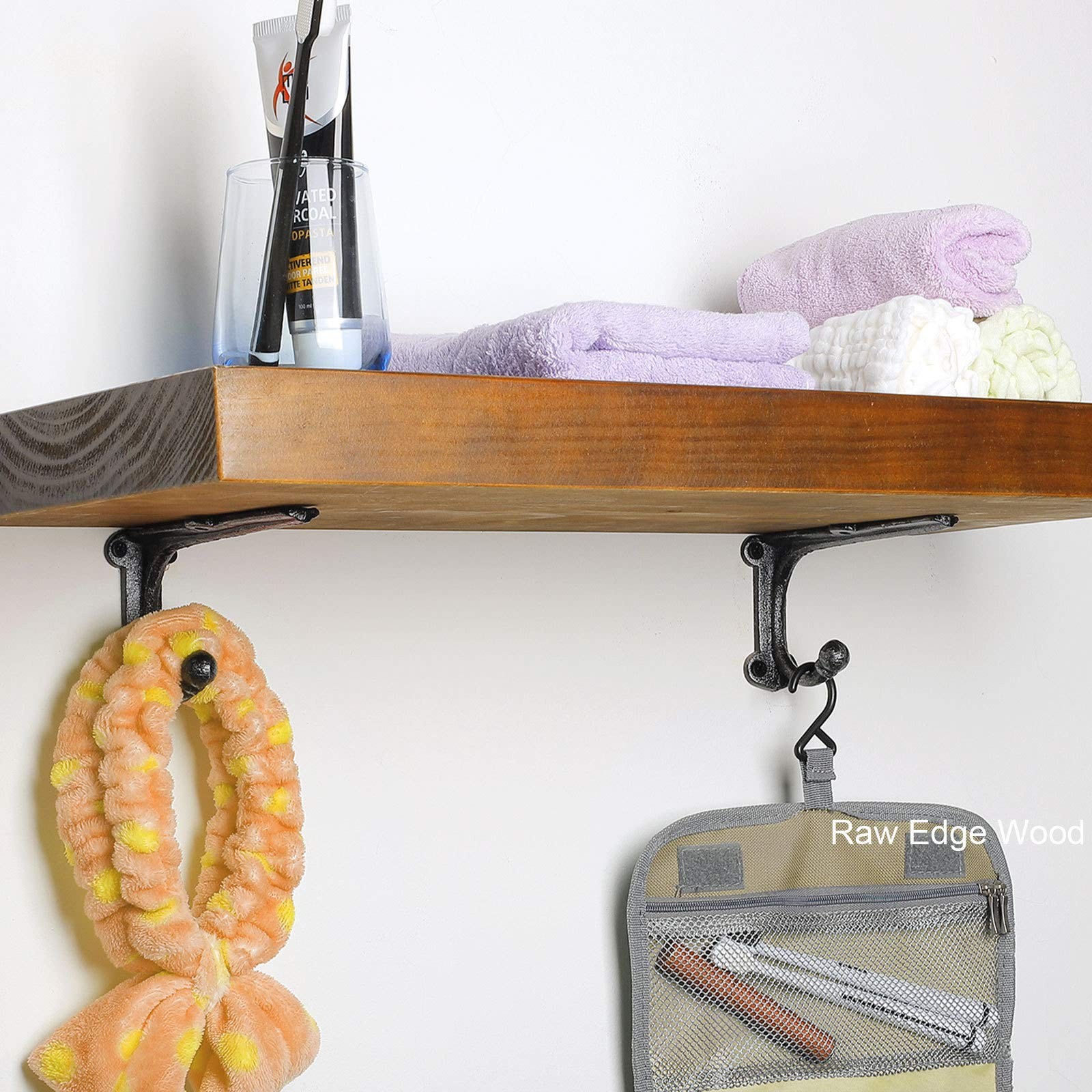 Rustic Shelf Brackets Supports Black with Hook Cast Iron Heavy Duty 6 Inch 2Pack