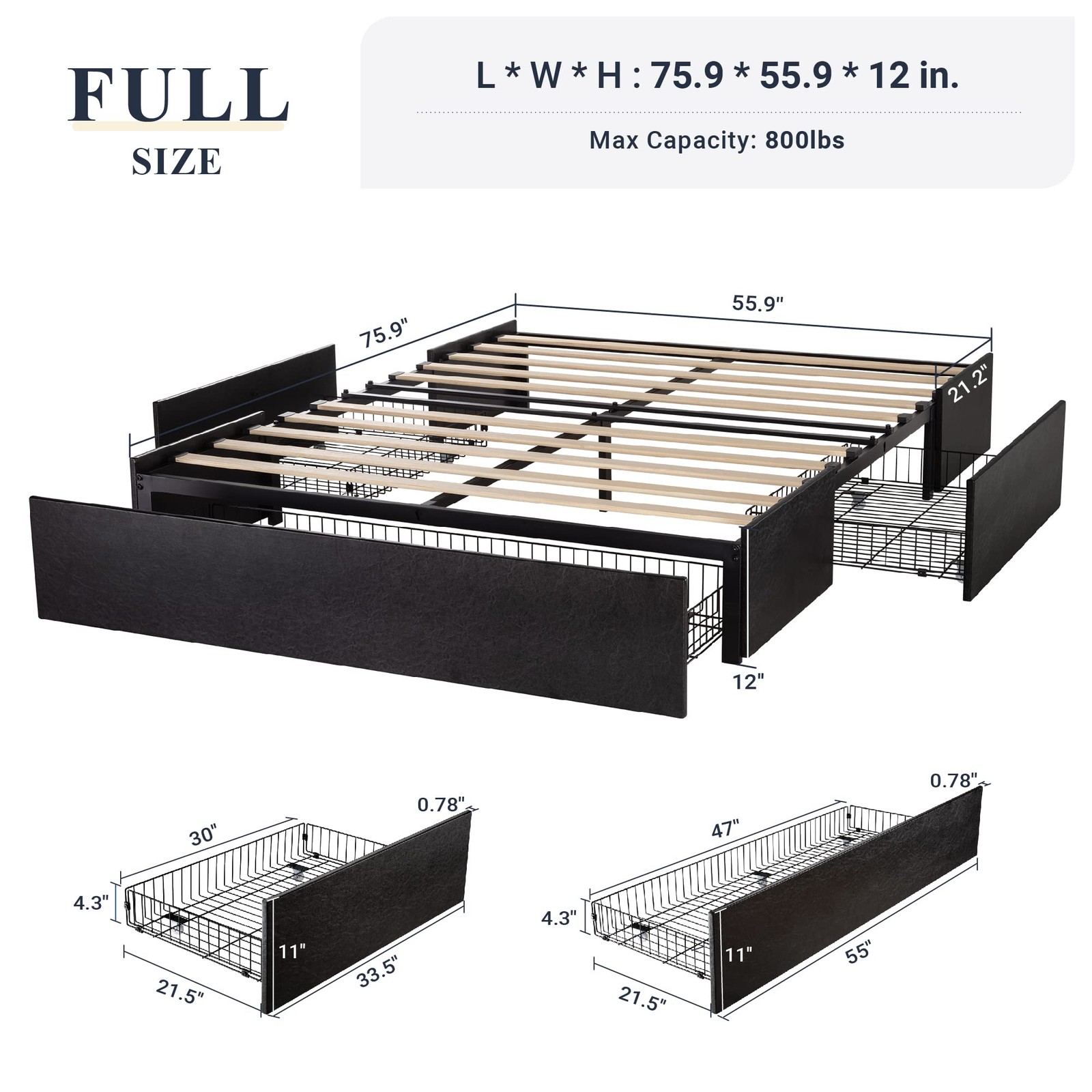 Full Size Platform Storage Bed Frame with 3 Drawers, Black
