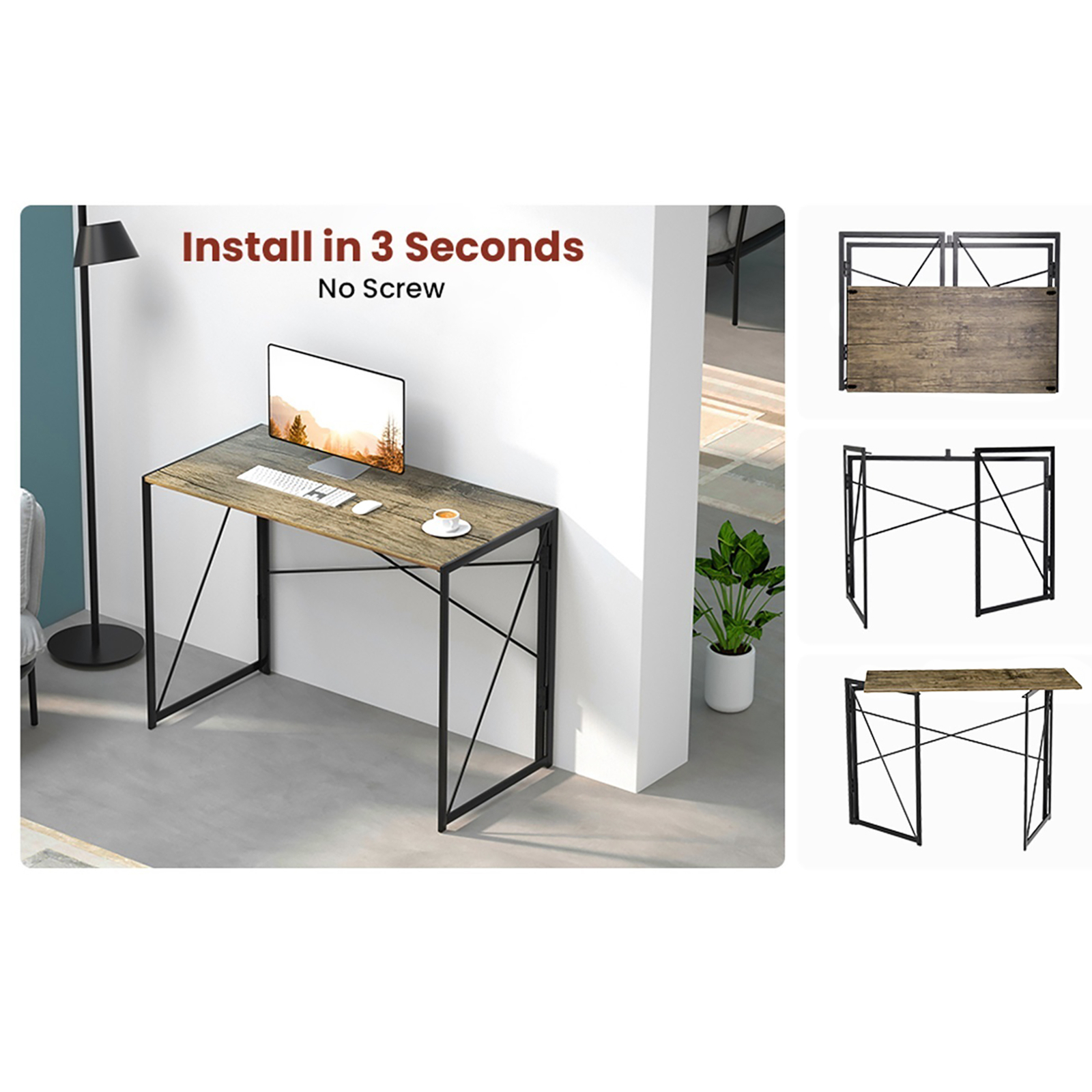 Interior Elements Modern Folding Desk For Home Office, Light Brown Oak, 39″